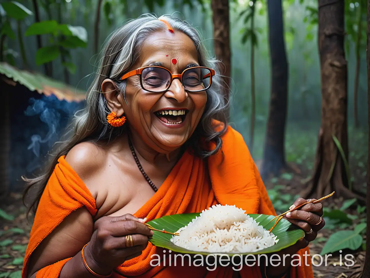 Elderly-Hindu-Woman-Monk-Eating-Rice-in-Forest-with-Goat-at-Night