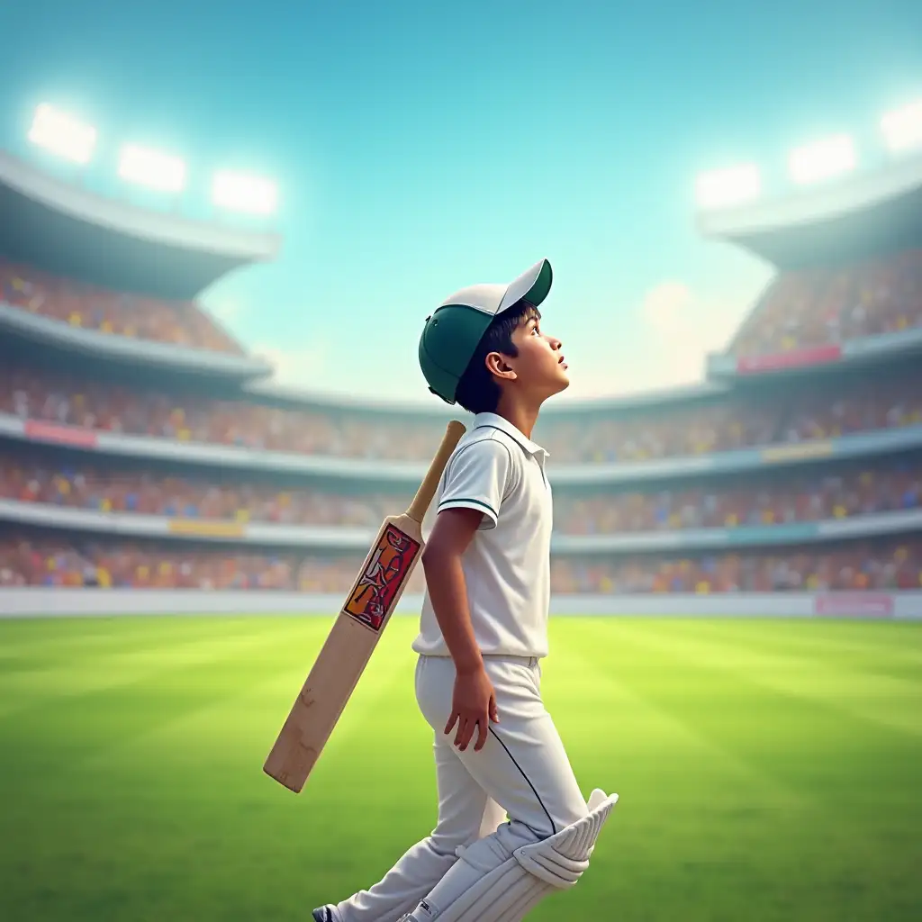 Create an image of an 8-year-old Indian boy dressed in white sports clothes, full of excitement and determination, as he enters a vibrant cricket stadium. The boy has a bat slung over his shoulder and a cap on his head, looking up in awe at the grand stands filled with cheering spectators. The bright stadium lights shine down, and the green cricket field stretches ahead. His face reflects a mix of nervousness and hope, as this moment marks the beginning of his cricket journey.