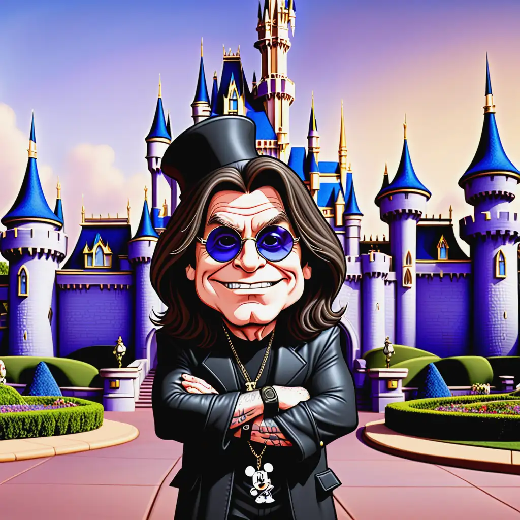cartoon Ozzy Osbourne in front of disney castle
