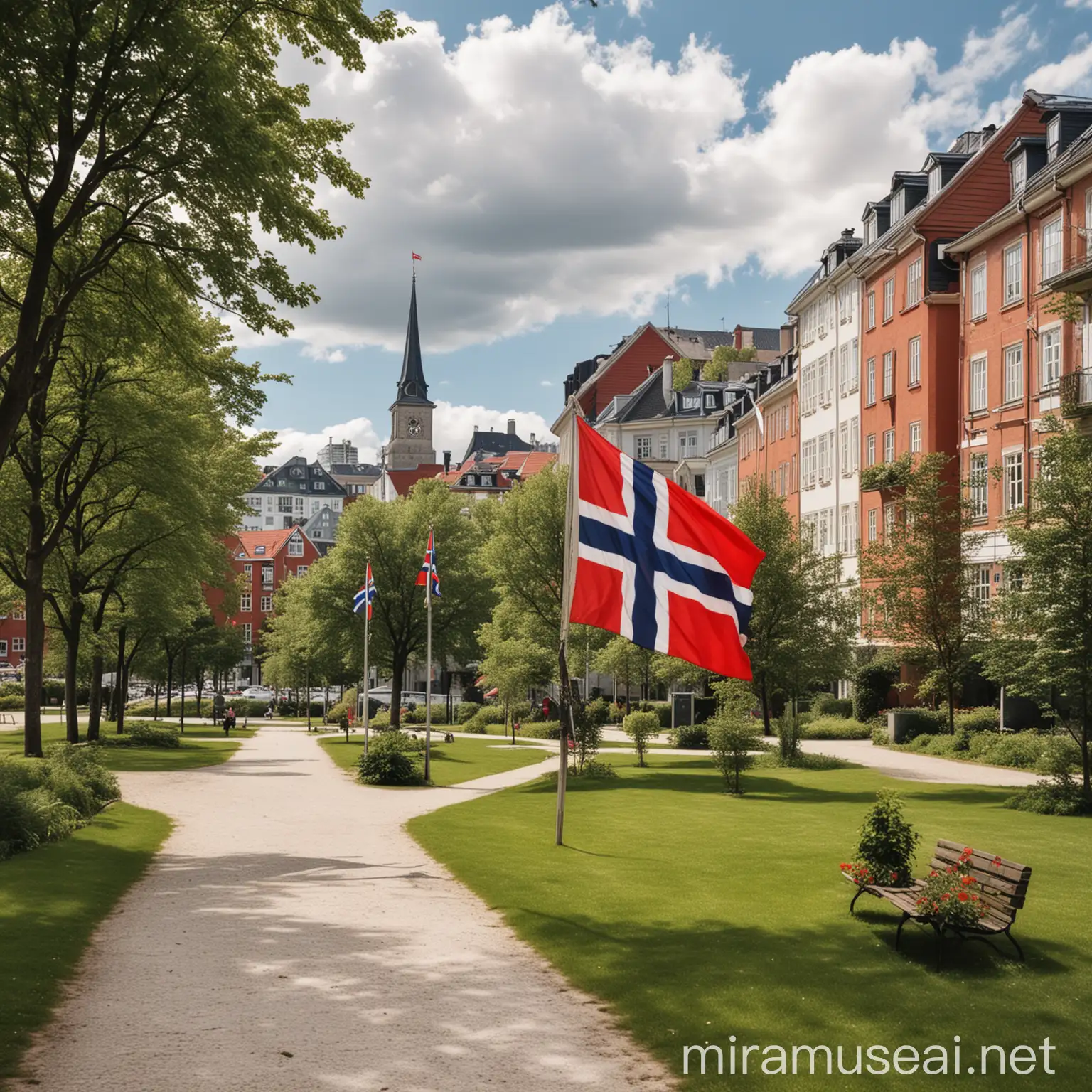 City Park with Norway Flag in Urban Setting