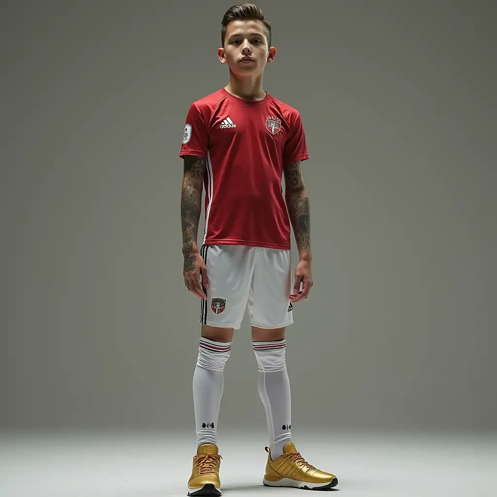 french 14y old boy in tight under armour shiny soccer shirt and white adidas tight spandex sport trousers and wearing adidas golden high sport shoes, boy has tattoos