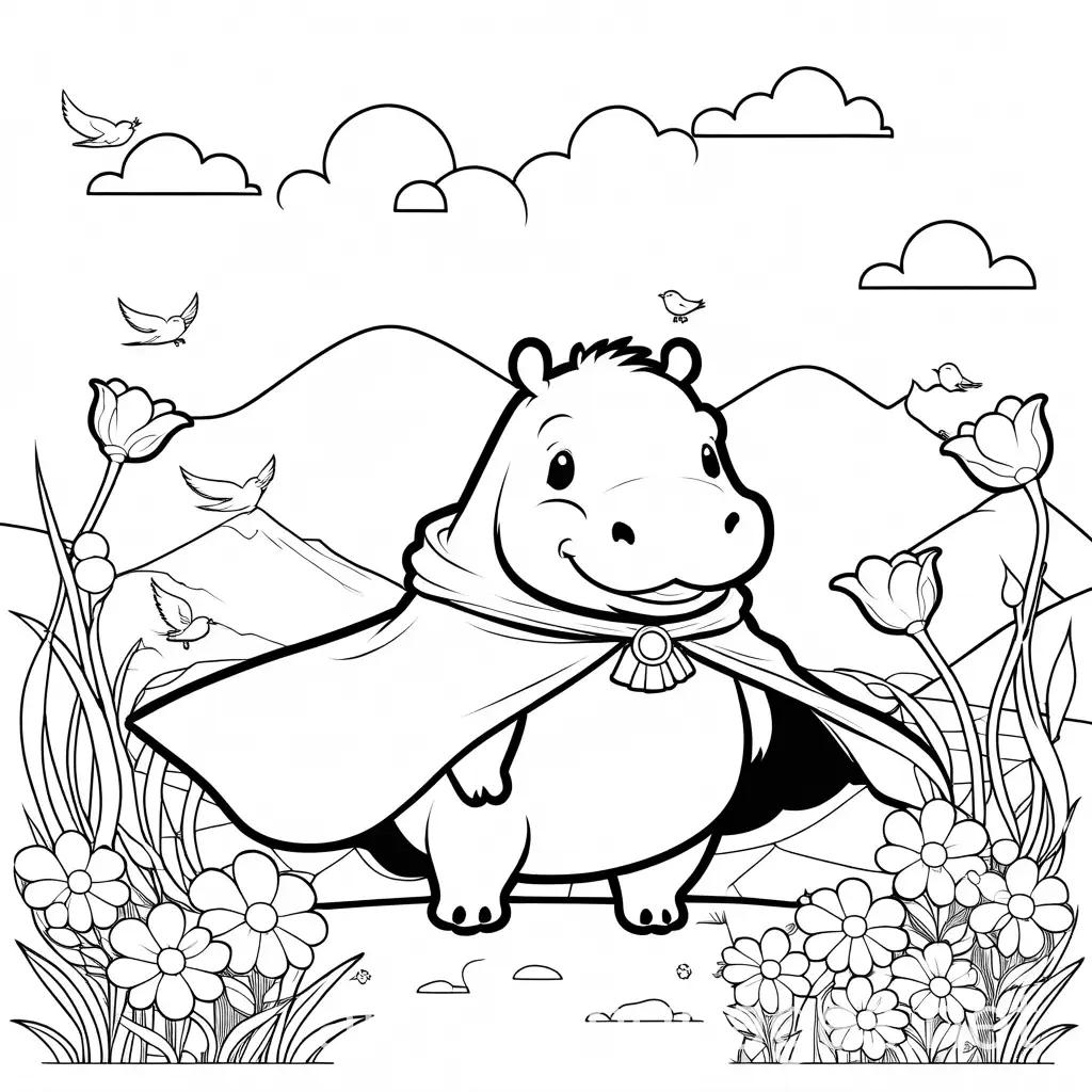 Chibi-Hippo-Hero-and-Bird-in-Savanna-Playground-Coloring-Page