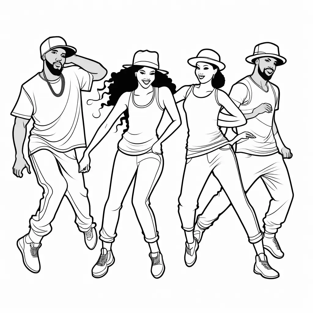 Hip-Hop-Dancers-Coloring-Page-Black-and-White-Line-Art