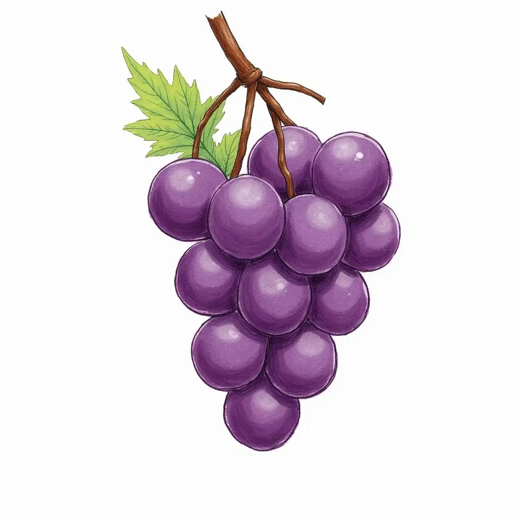 a simple colored pencil doodle sketch of a bunch of purple grapes.  The image should be isolated against a white background.