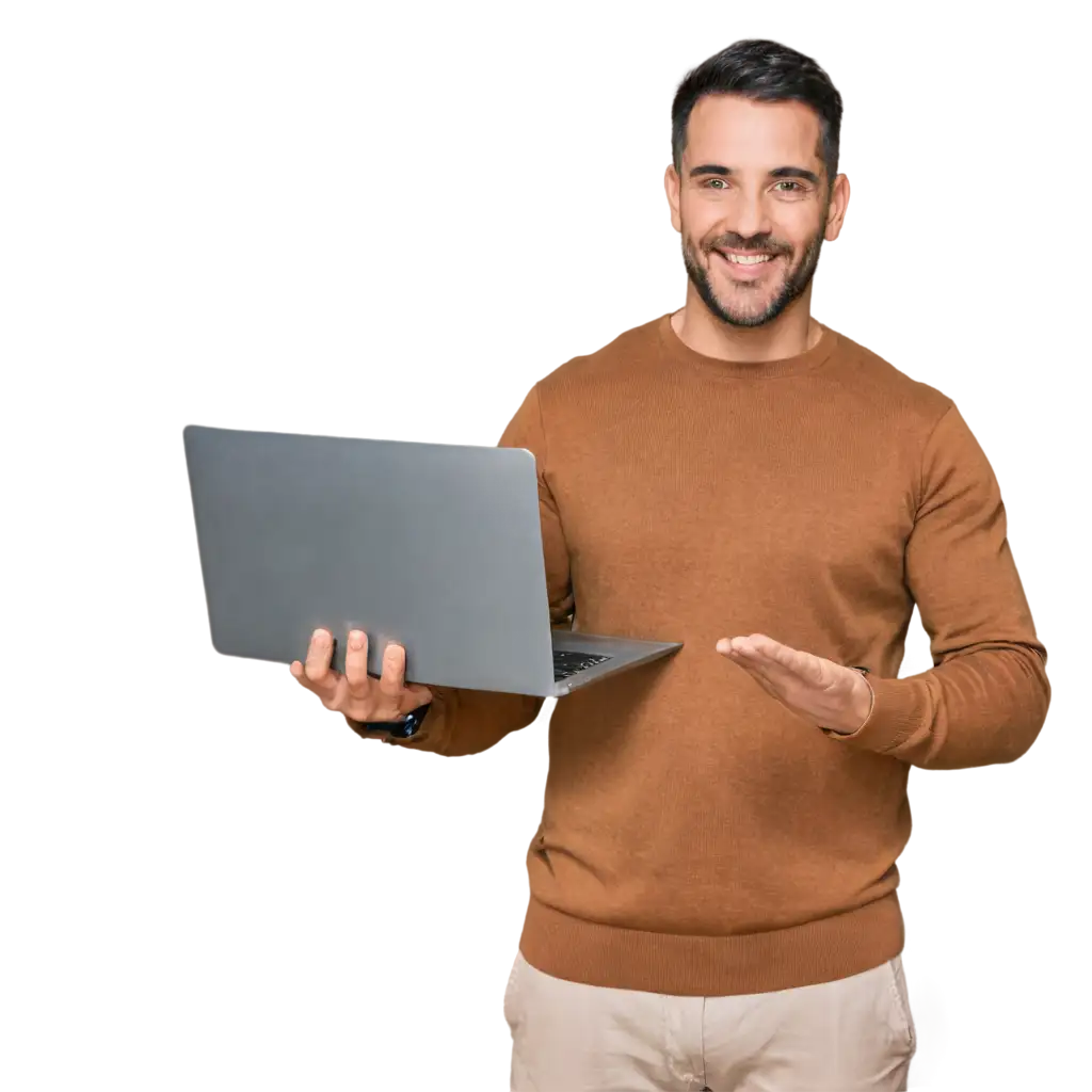 A man holding a laptop and smiling