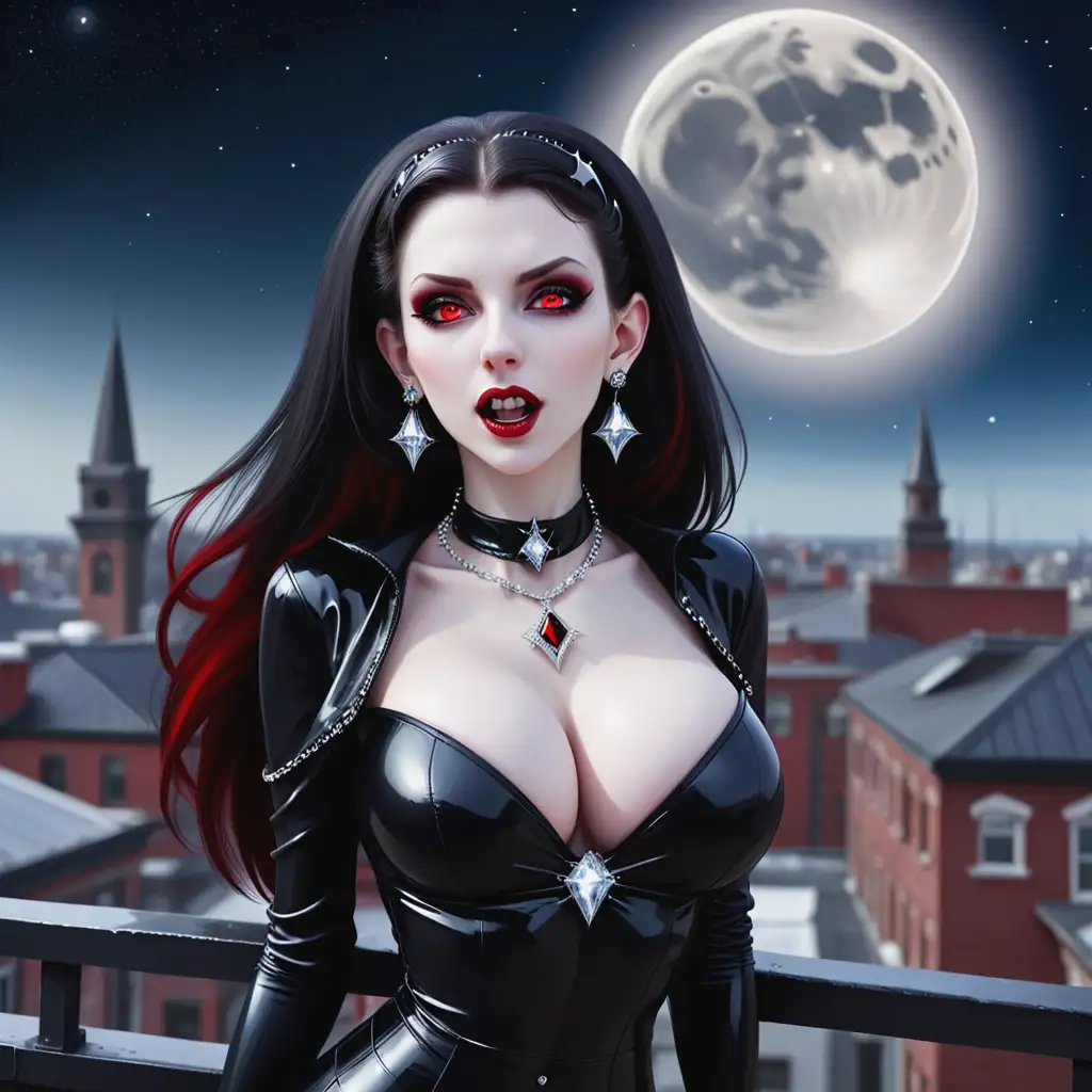 Vampire-Girl-in-Black-Latex-with-Diamond-Jewelry-Running-on-Old-City-Rooftops-at-Night