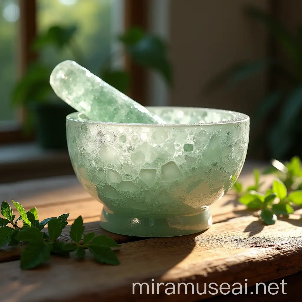 Quartz Mortar and Pestle Set with Herbs on Wooden Table