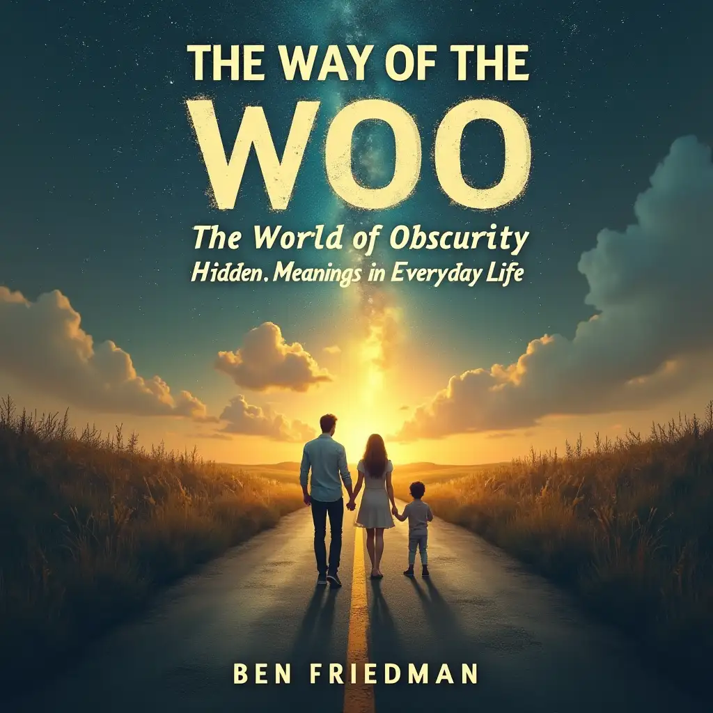 Create book cover  with title, The Way of the WOO  The World of Obscurity: Hidden Meanings in Everyday Life, By Ben Friedman A man ,woman and child at a road fork, looking in different directions, opens up a path in the form of a light horizon, symbolizing finding answers and hidden meanings