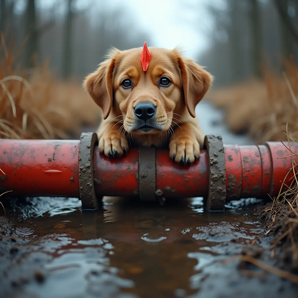 broken water pipeline. dog with a danger signal on its head. pipeline red.