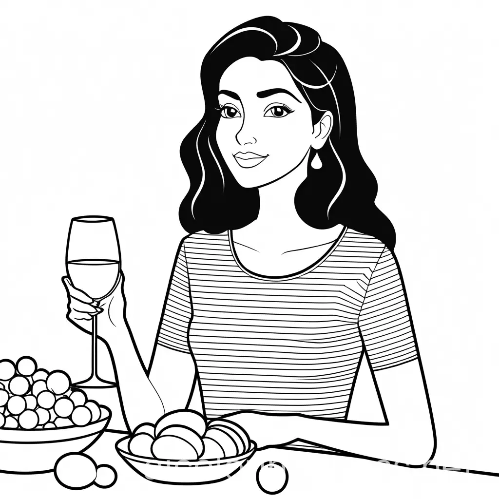 Line-Art-Woman-with-Black-Hair-Holding-Wine-and-Baguette-Coloring-Page