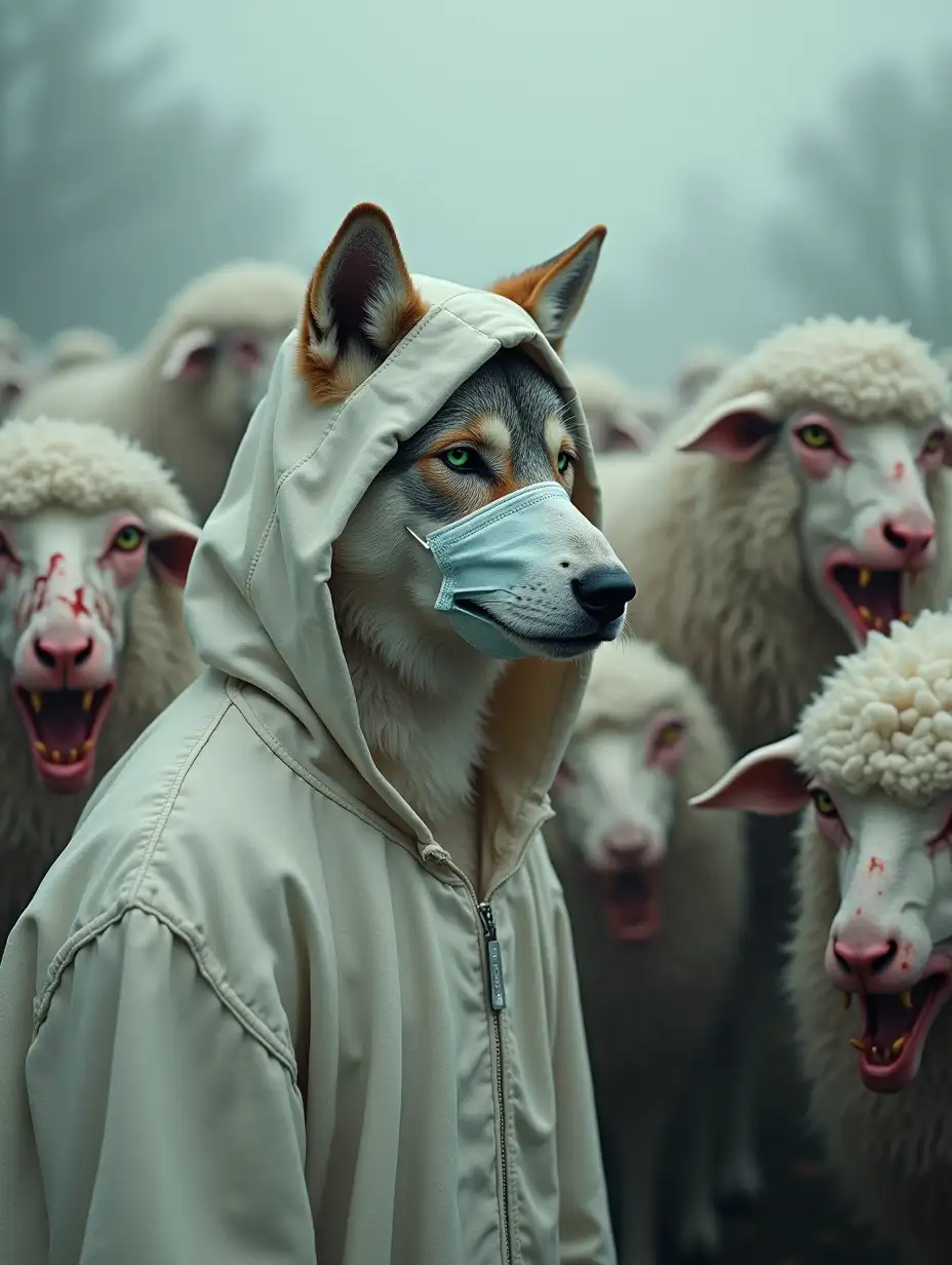 A view from the side. A sweet green-eyed wolf with a sad expression on its muzzle. There's a medical mask with a sheep face print on its muzzle. It's wearing a clean hooded cloak that looks like a white sheep skin, covered in thick woolly fur. The hood almost covers the wolf's muzzle. Surrounding the wolf is a flock of terrifying zombie-sheep, with bloody, sharp long fangs, glassy red eyes, dirty white skins with wounds. The wolf does not stand out from the crowd. Photorealism.