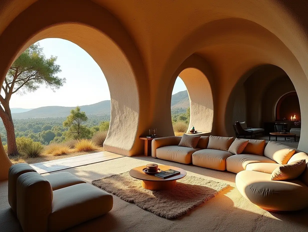 crooked house large with curved furniture,curved large living room of Nature Stone terraces looking at the savannas