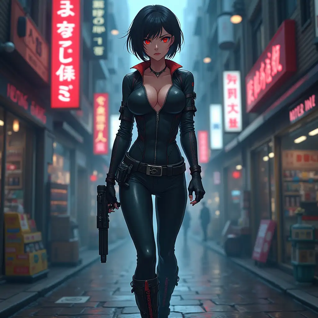 Short hair, mature Asian woman thief cyber runner in a dynamic full-length pose, eyes with red electronic pupils, large breast, extreme skintight body glove zipped down with cleavage, combat boots and combat belt. Full view of her body from boots up, low wide angle. Future store filled city alley street. Anime