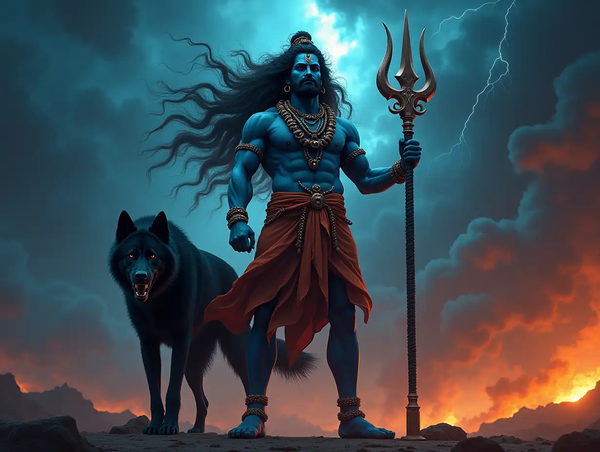 create hyper realistic full length photograph of lord shiv as kalabhairava standing with garland of skulls, trishul in hand and along with an angry ferocious black indian street dog. Lord Shiv long matted hair is swirling in the Air. dark night sky with lightning background. photorealistic lighting and vivid bright colours. 3d 4k. real life photo. highly detailed and high definition. clear eyes face lips hands and feet.