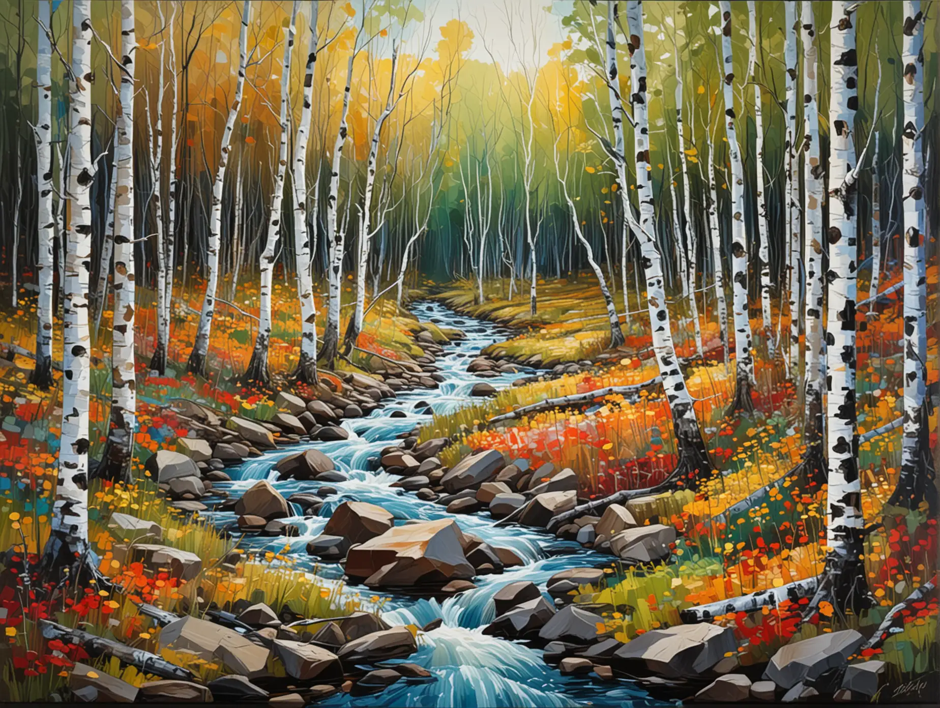 Birch Wood Forest with Running Stream Abstract Painting