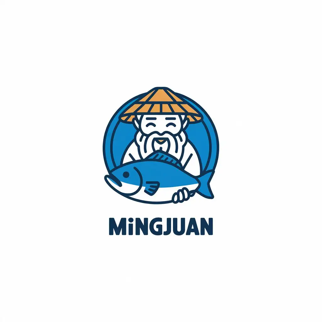 LOGO Design for Mingjuan Grandpa with Straw Hat Holding a Big Fish in Blue and Moderate Tones