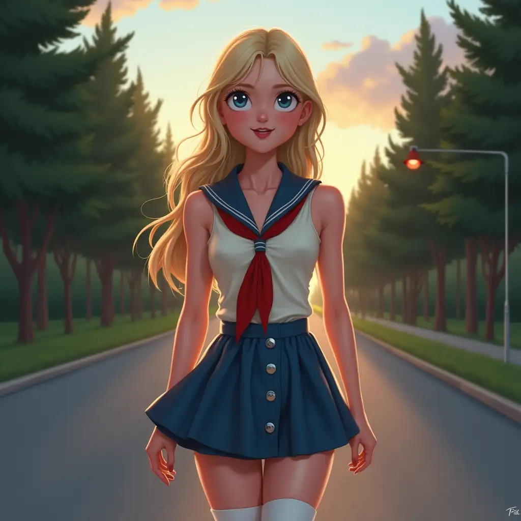 photo, extremely detailed, beautiful young teen, (beautiful girl), (Super Beauty), (cool beauty), mischievous smile, blue miniskirt, white knee socks, unbuttoned tight white chemise with a red SCOUT tie, blond hair , summer evening sky, walk near street lamp on road  pine trees alley, Photorealistic :1.4, masterpiece, The best of qualities