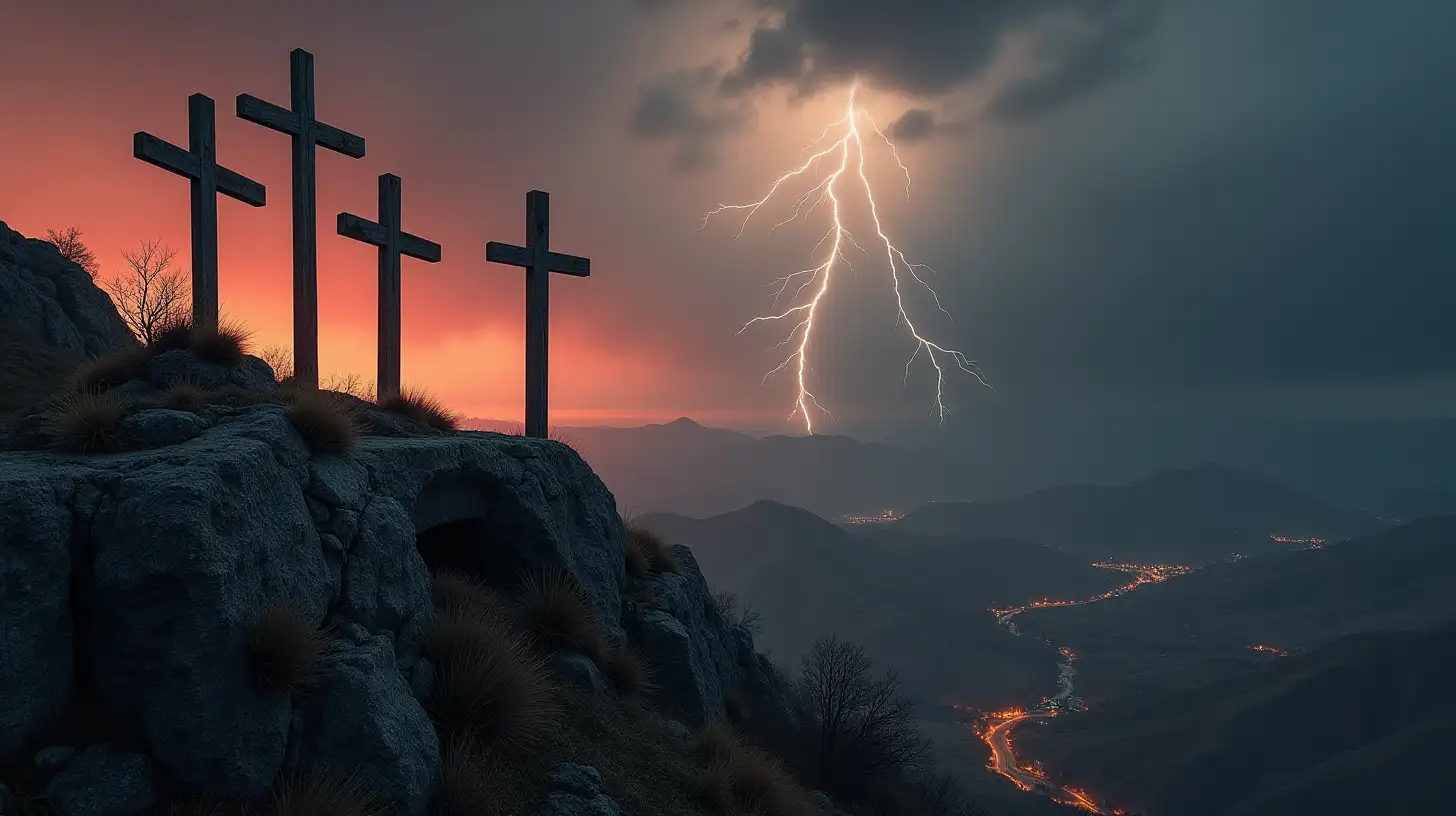 Three Wooden Crosses on Mountainous Terrain with Cave and Dramatic Sky