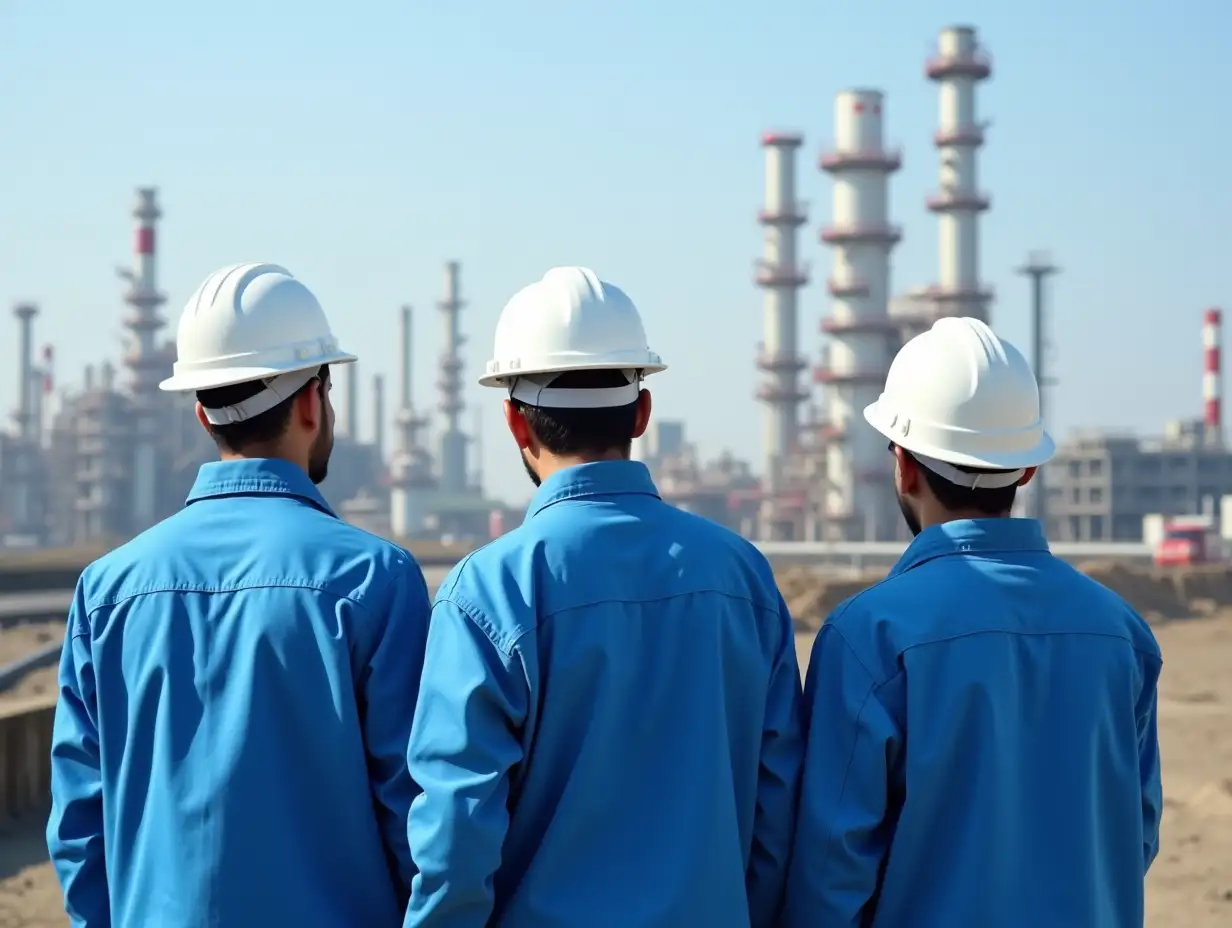 Three young Iranian workers with their backs to the picture and looking towards the petrochemical plant, wearing blue petrochemical clothes and white hats, full length