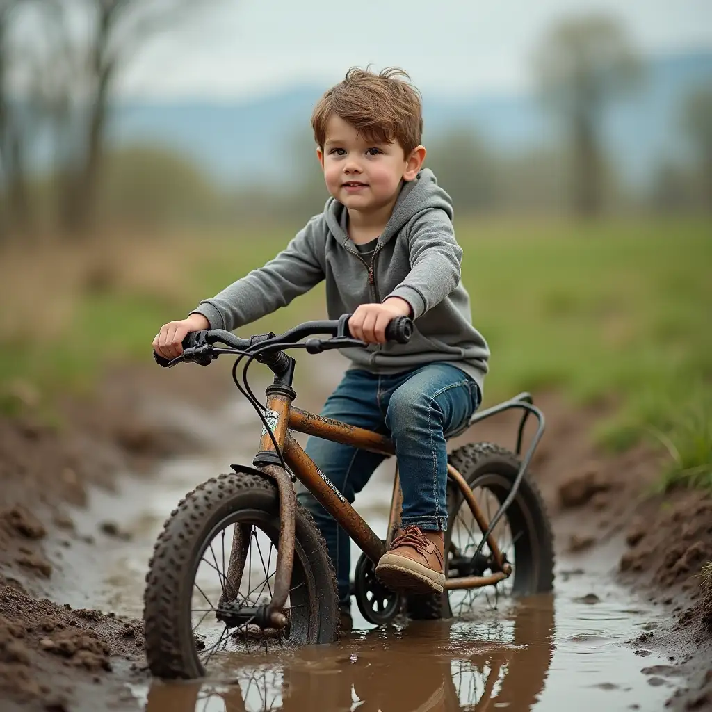 Boy sitting Bicycle in the mud