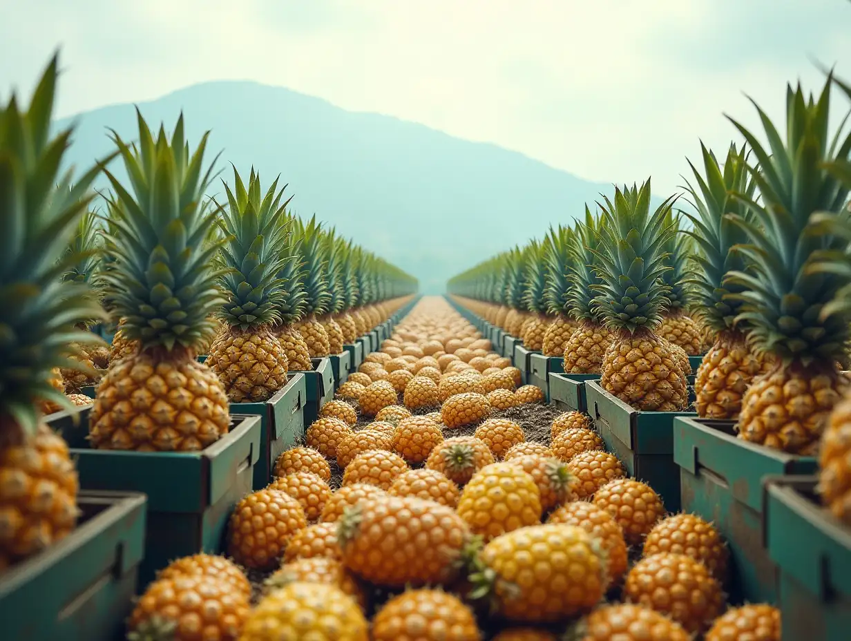 A beautiful small village with pineapple plantation with many tiny people with many boxes full of  (pineapples Quite large-real photo Triple exposure Concept of something Beautiful Photo