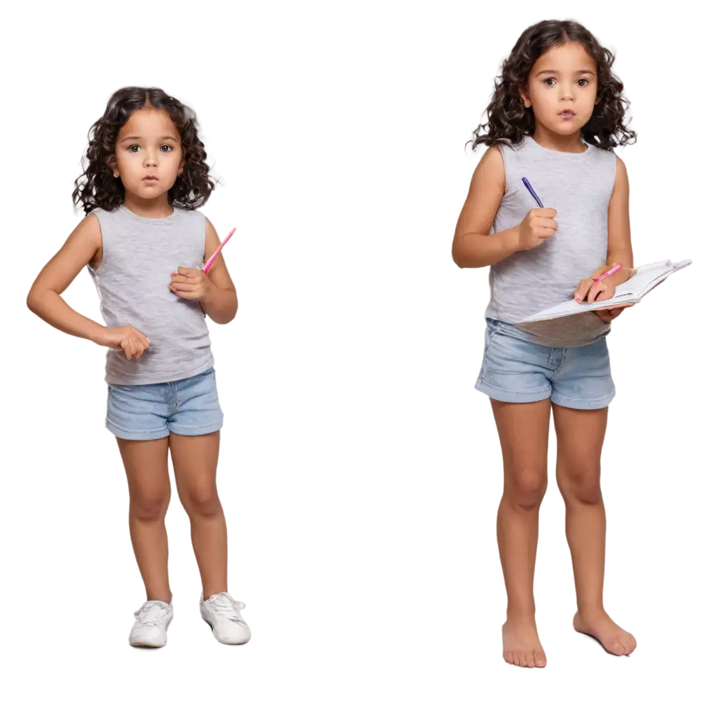 Four-Poses-of-a-3YearOld-GirlPNG-Image-Usage-Analysis-Writing-Speaking-Thinking-and-Erasing-PNG-Image-for-Educational-and-Creative-Uses
