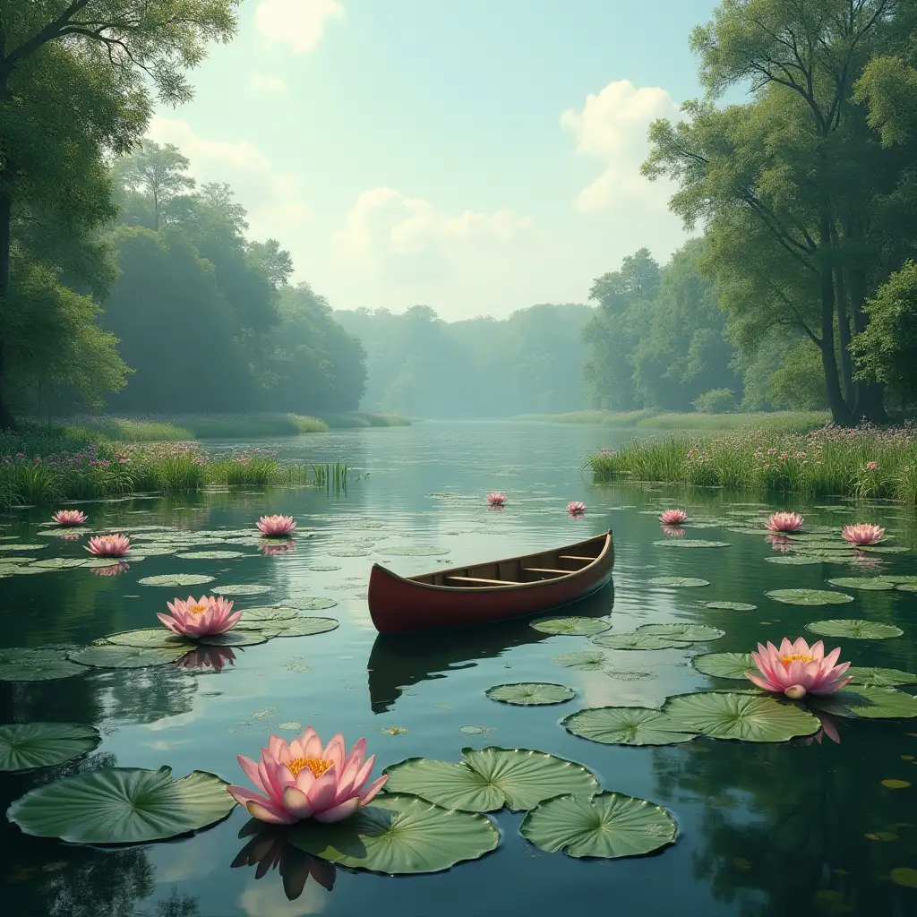 a lake with full of lotus and there is a canoe in the centre of the lake and the background of the lake is with beautiful nature