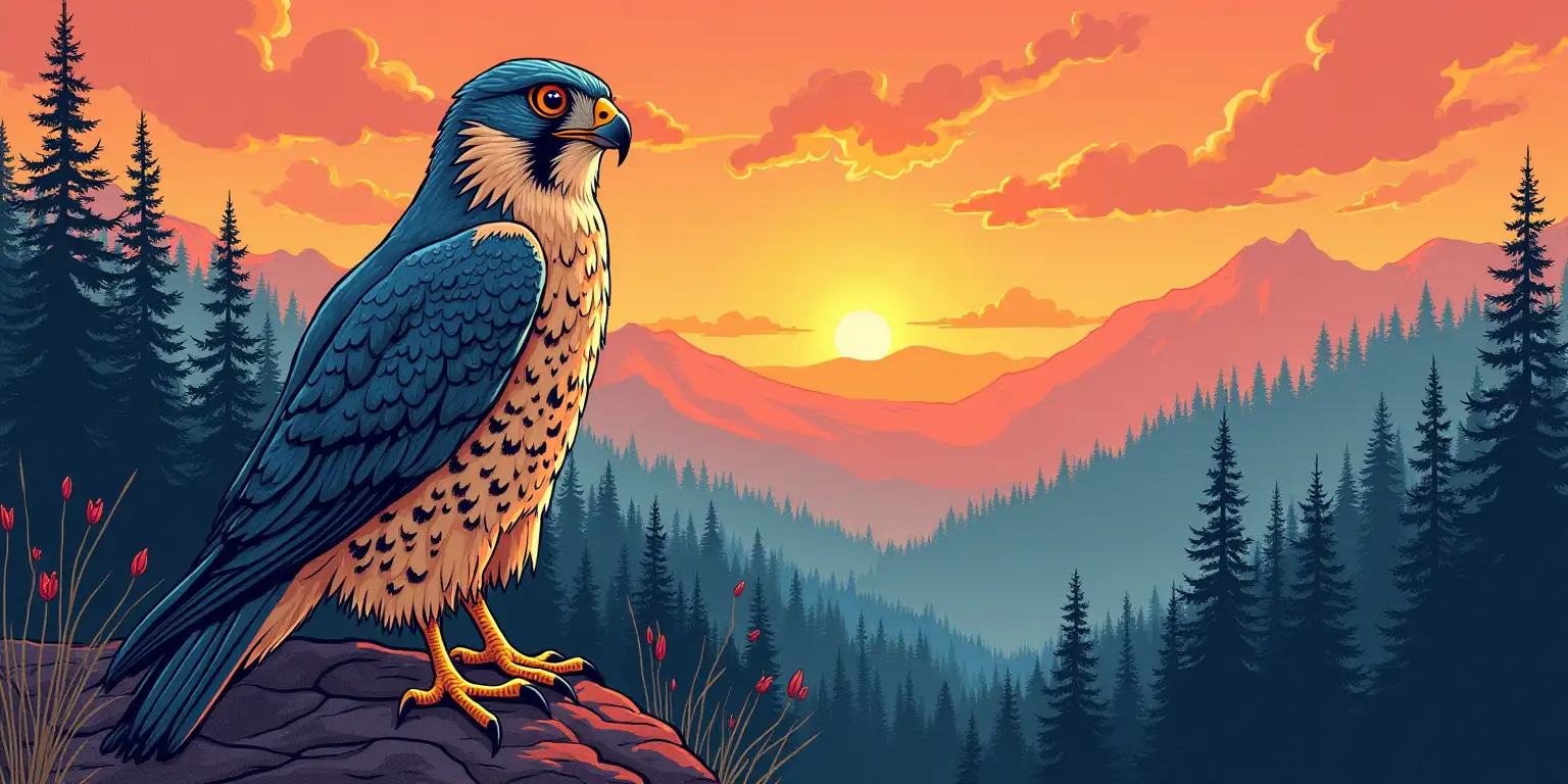 Surreal Falcon in a Mountain Forest at Sunset