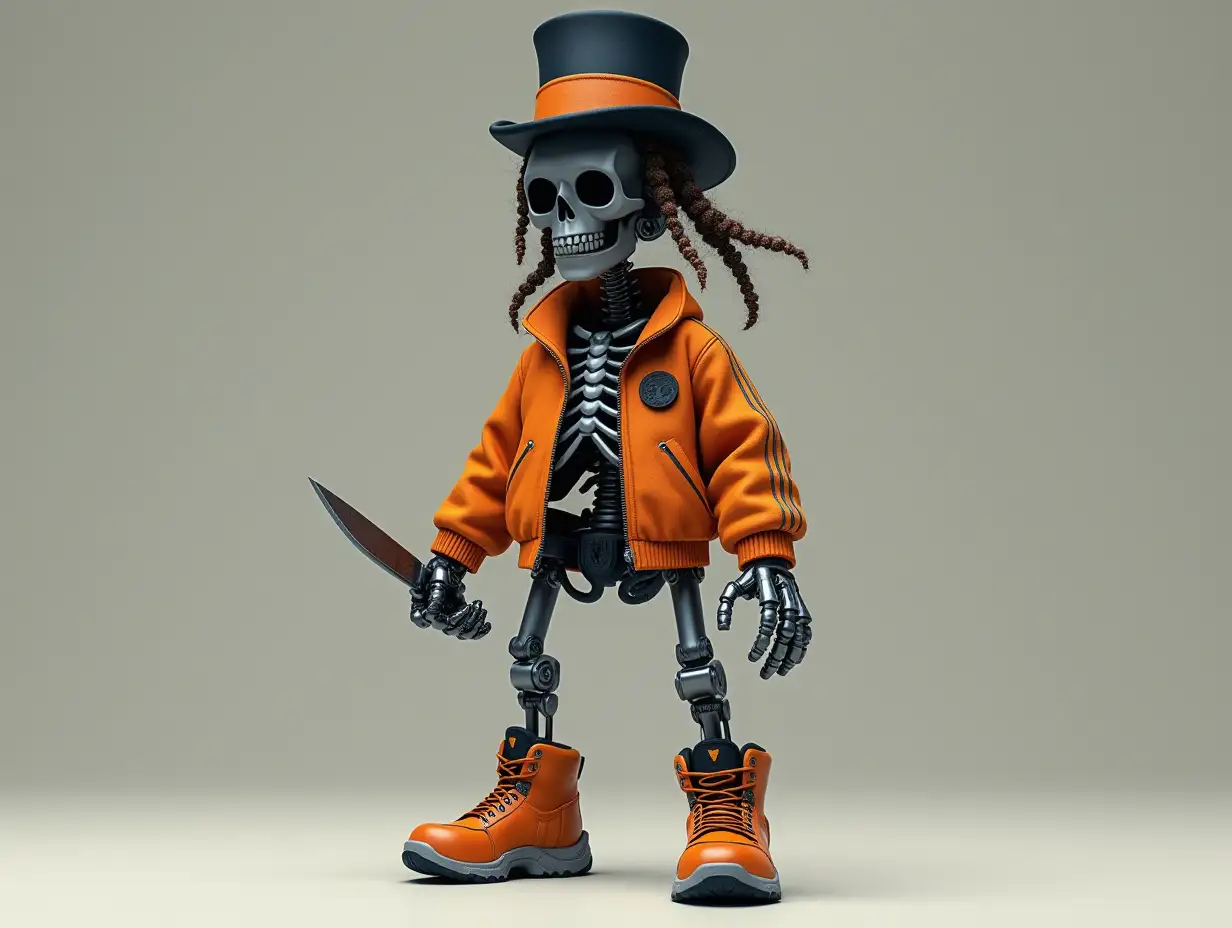 Create a high-resolution, realistic image of a robot with a skeletal body, orange laced boots and a head with a fashionable tracksuit, and a knife in hand with a top hat and hair in 4K resolution 