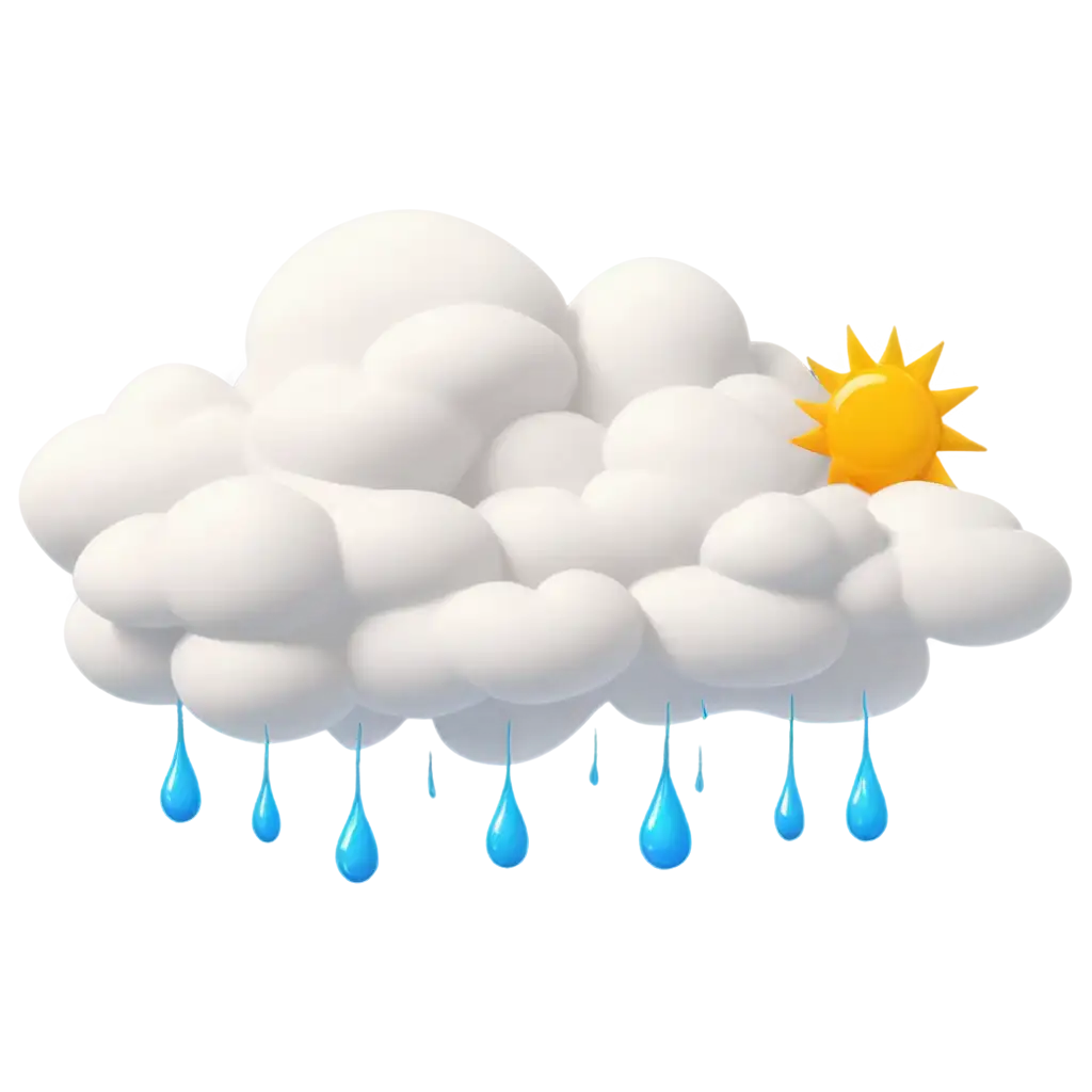 A 3D cartoon-style weather icon showing a partly cloudy sky with the sun peeking behind a white fluffy cloud and blue rain drops falling below. The style should be colorful, playful, and soft, with a glossy, high-quality rendering. Transparent background. Suitable for a modern weather app.
