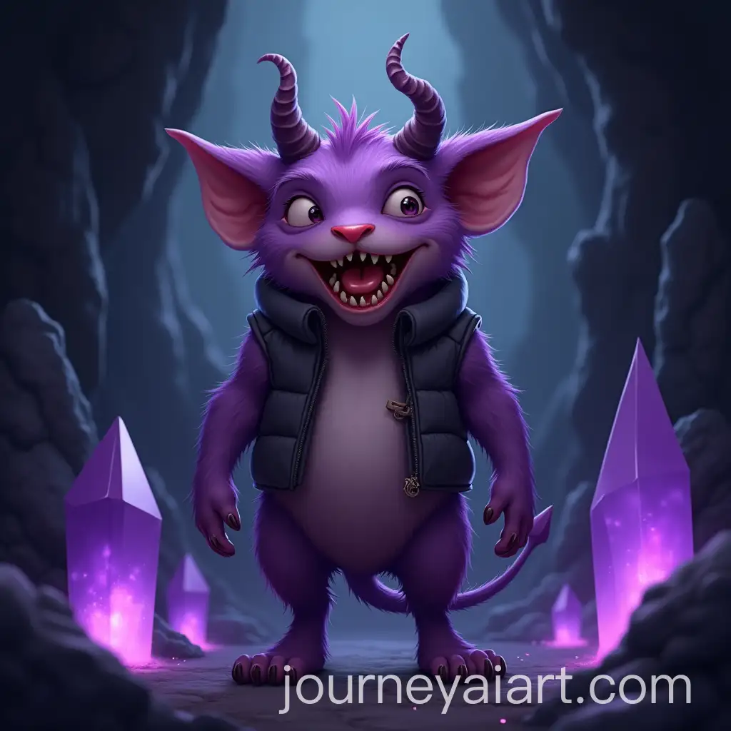 Purple-Horned-Creature-in-Dark-Cave-with-Crystals-and-Vest