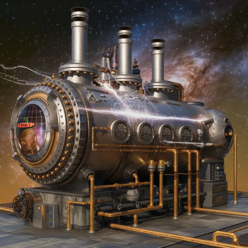 Outdoor gas boilers, a combination of dieselpunk and steampunk styles, in detail, clearly, fantasy, starry sky, space, electric discharges, fractals, portals to other worlds