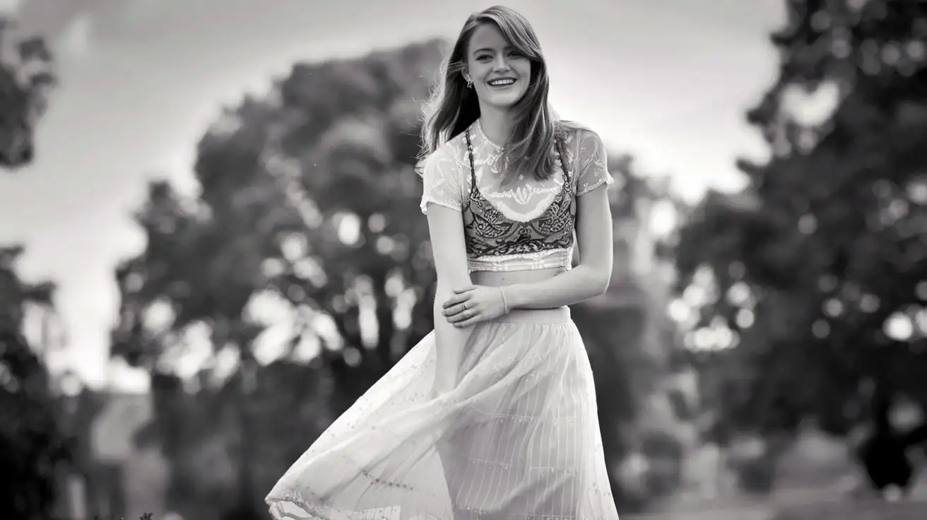 Emma stone, 18 yo, wihte sheer skirt, smiling, by Vivian Maier