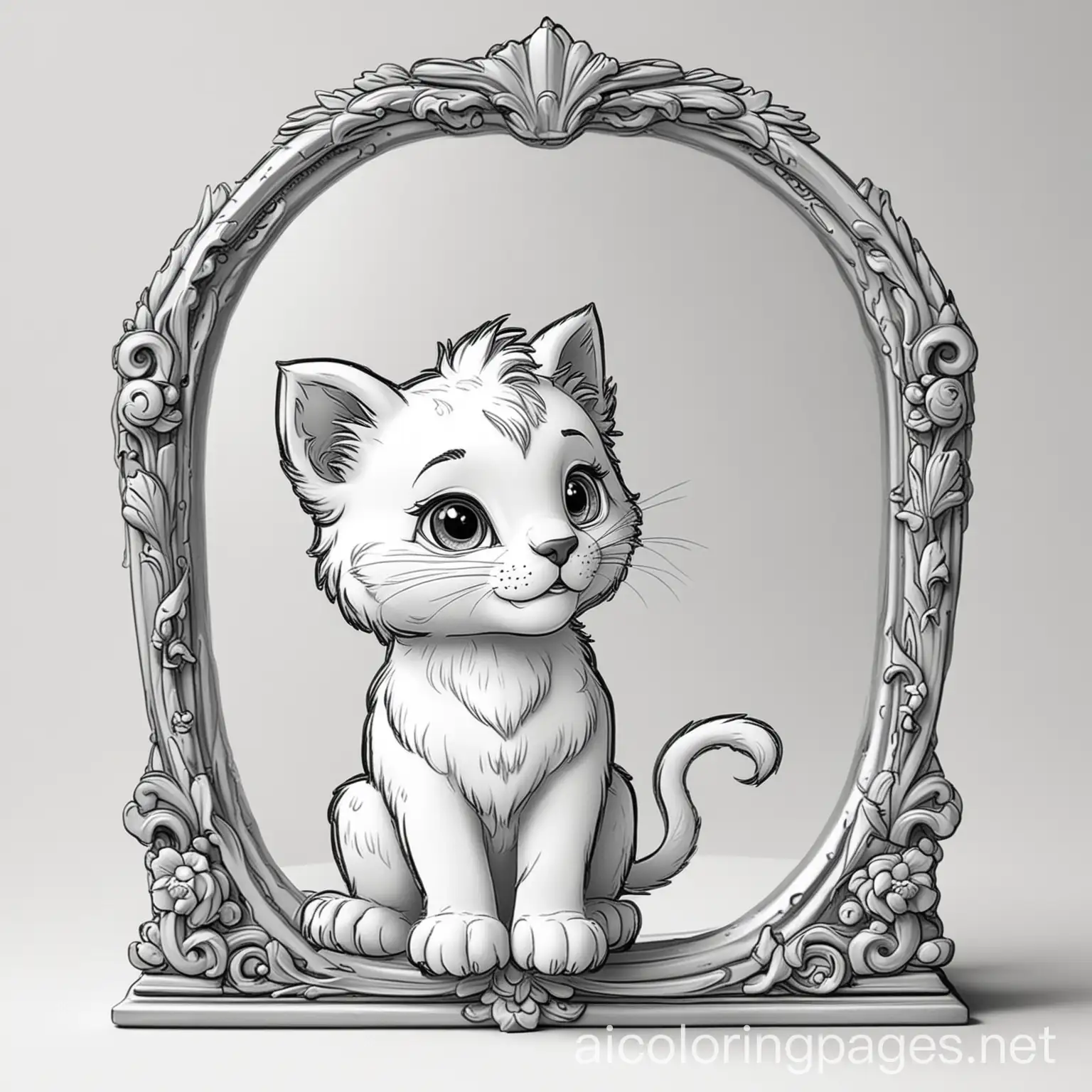 Cartoon-Kitten-Looking-in-Mirror-Coloring-Page