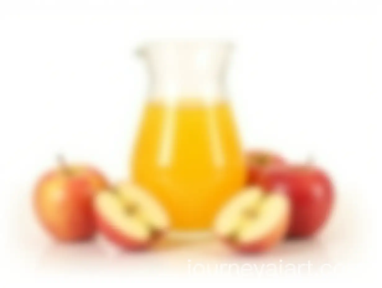 Glass-Carafe-of-Apple-Juice-with-Fresh-Apples-in-Front-of-White-Background