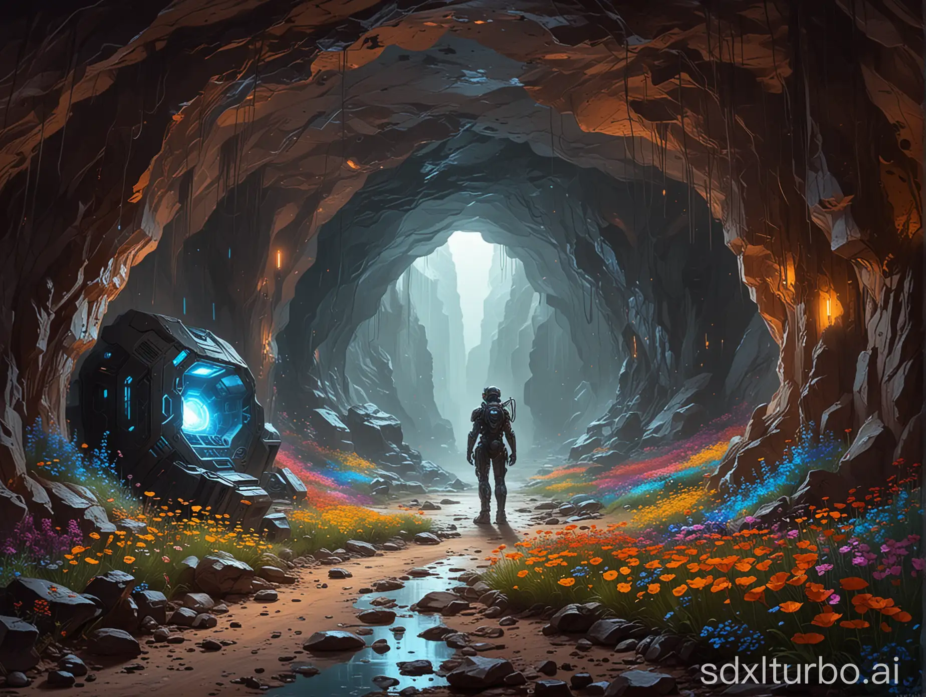 painting a futuristic inside cave without exit and futuristic machines and computers and flowers