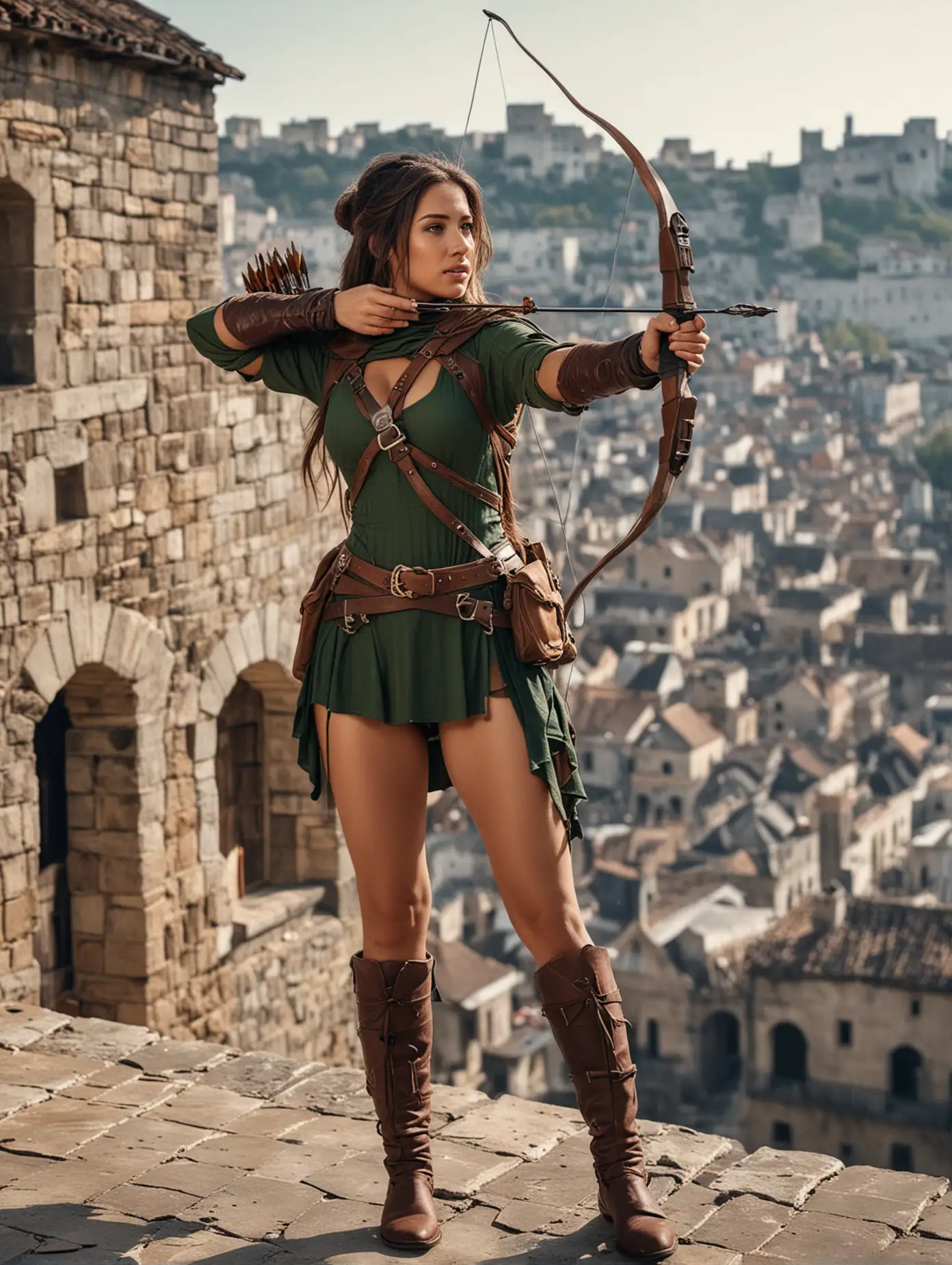 beauty eva lovia is cosplaying as robin hood character, archer in hand, the archer is looking towards her target as if aiming, she was standing on the rooftop of medieval ancient buildings. 