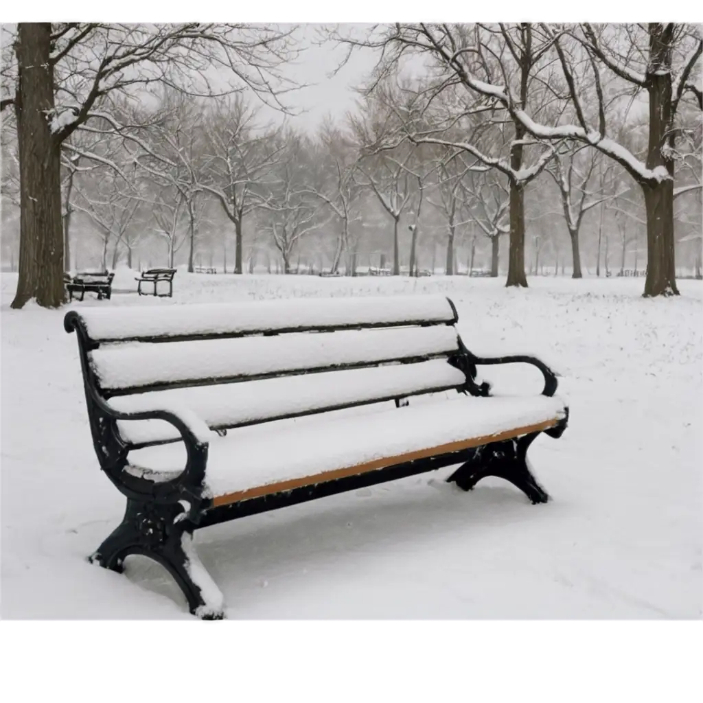 A seat in a snowy park