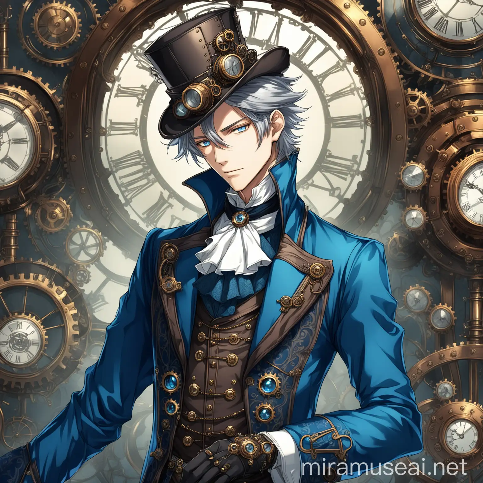 Elegant Anime Fantasy Steampunk Man in Blue Victorian Attire