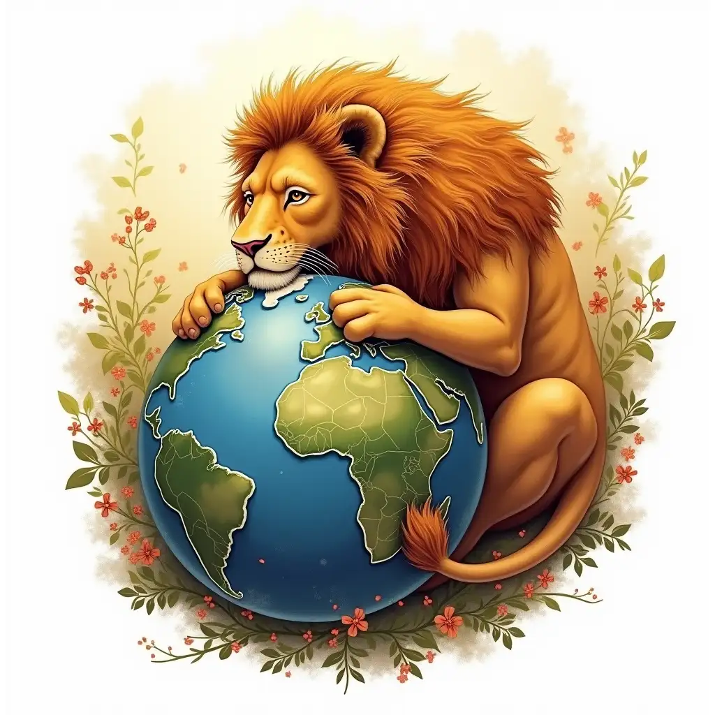 beautiful zodiac sign,leo embraces planet earth,fantasy style,white background