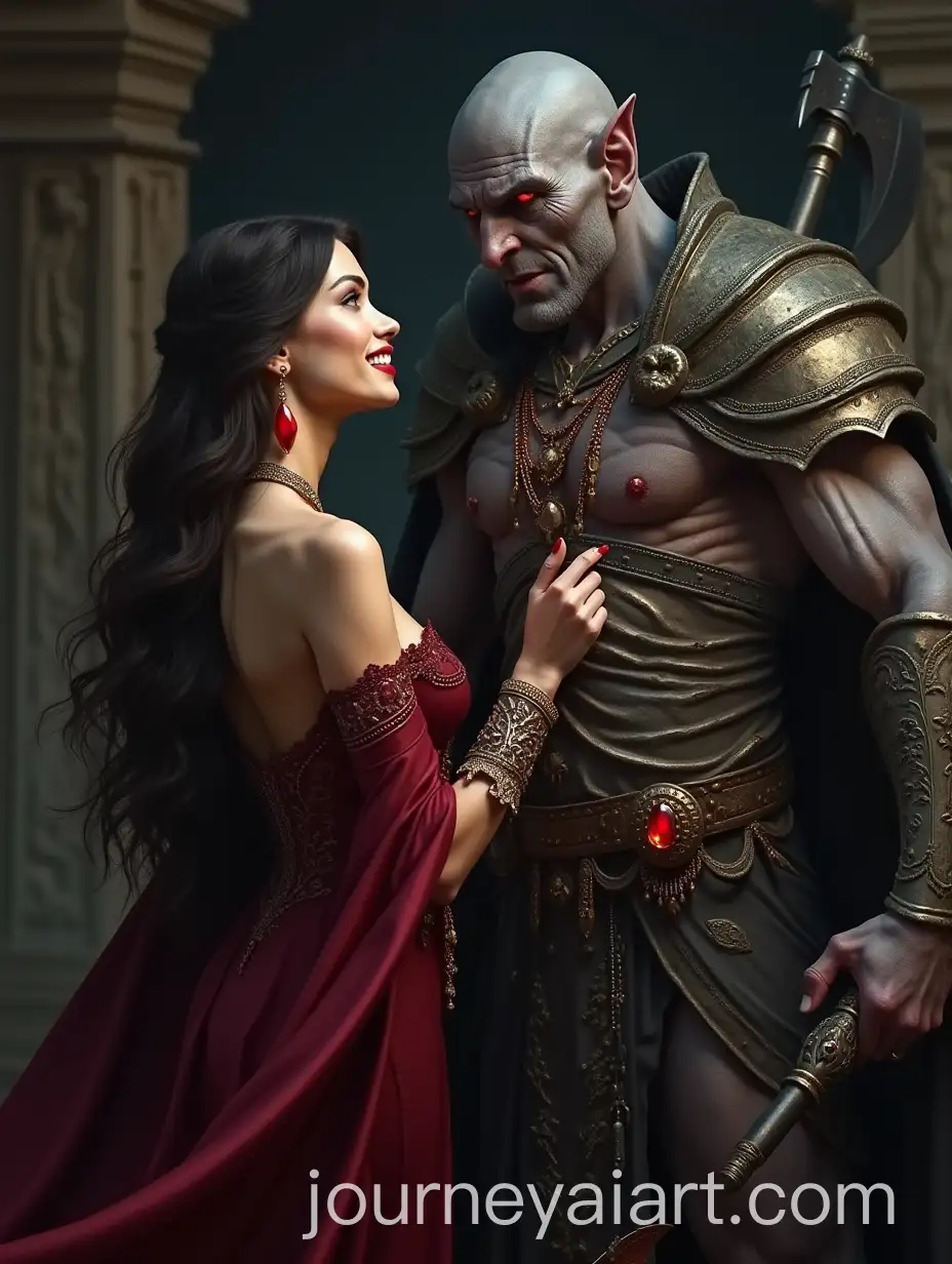Beautiful-Young-Woman-with-Sinister-Smile-and-Orc-Warrior-in-Dark-Cave