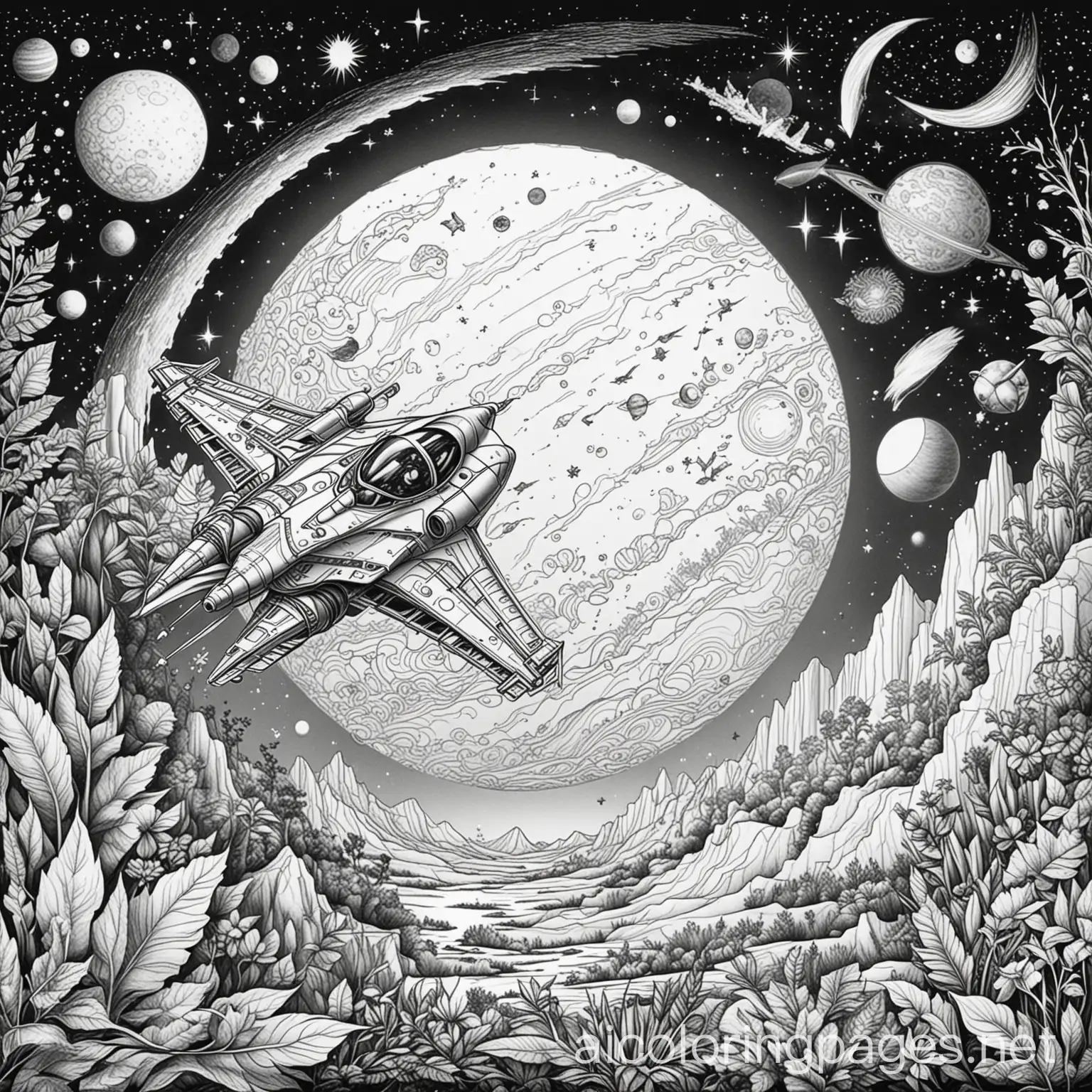 Alien-World-Coloring-Page-with-Spaceship-and-Planets