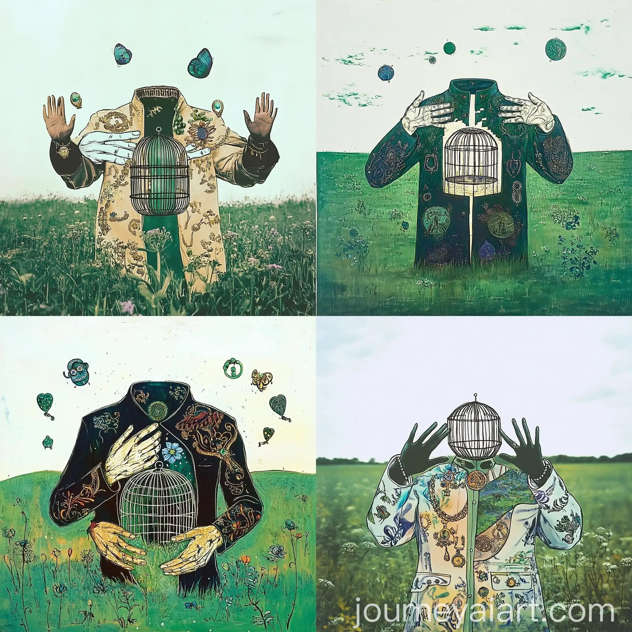 Hands-Breaking-Open-Coat-in-Green-Field-with-Jewelry-and-Cage