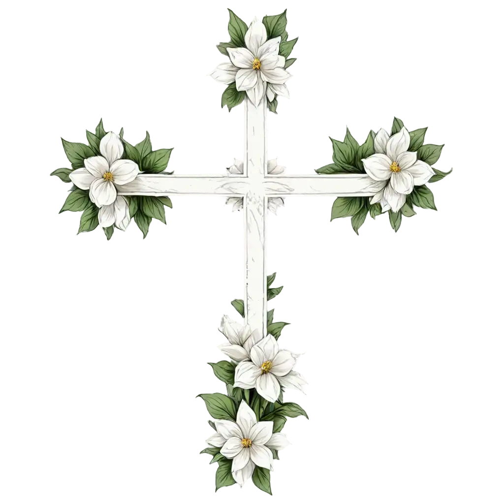 White-Gothic-Cross-with-White-Flowers-PNG-Elegant-Drawing-for-Artistic-Themes