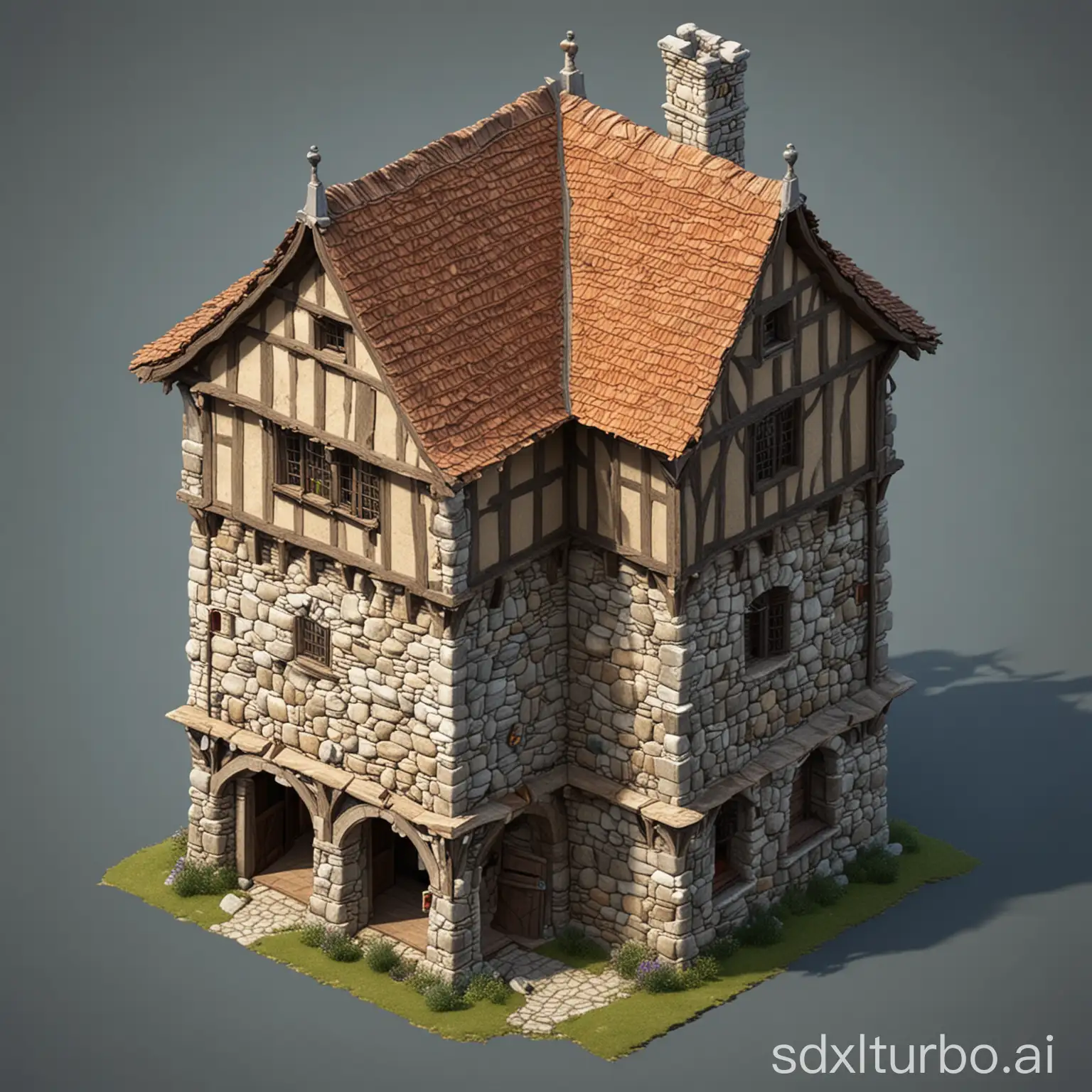 medieval tower house, 3 floors made of stone, 2 floors made of timber frame, shingle roof, isometric view