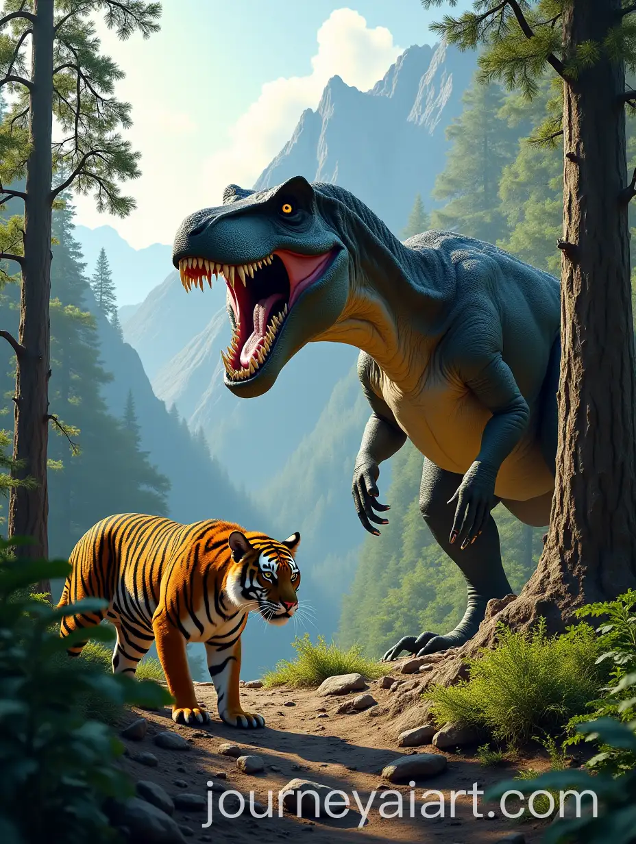 TRex-and-Tiger-Standoff-in-a-Rugged-Forest-Landscape