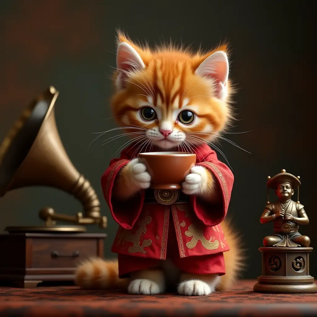 ginger sweet real kitten in costume of Chinese martial arts master. this kitten drinks tea like in Chinese ceremony. Next to it stands a gramophone, and a statue of an iron man