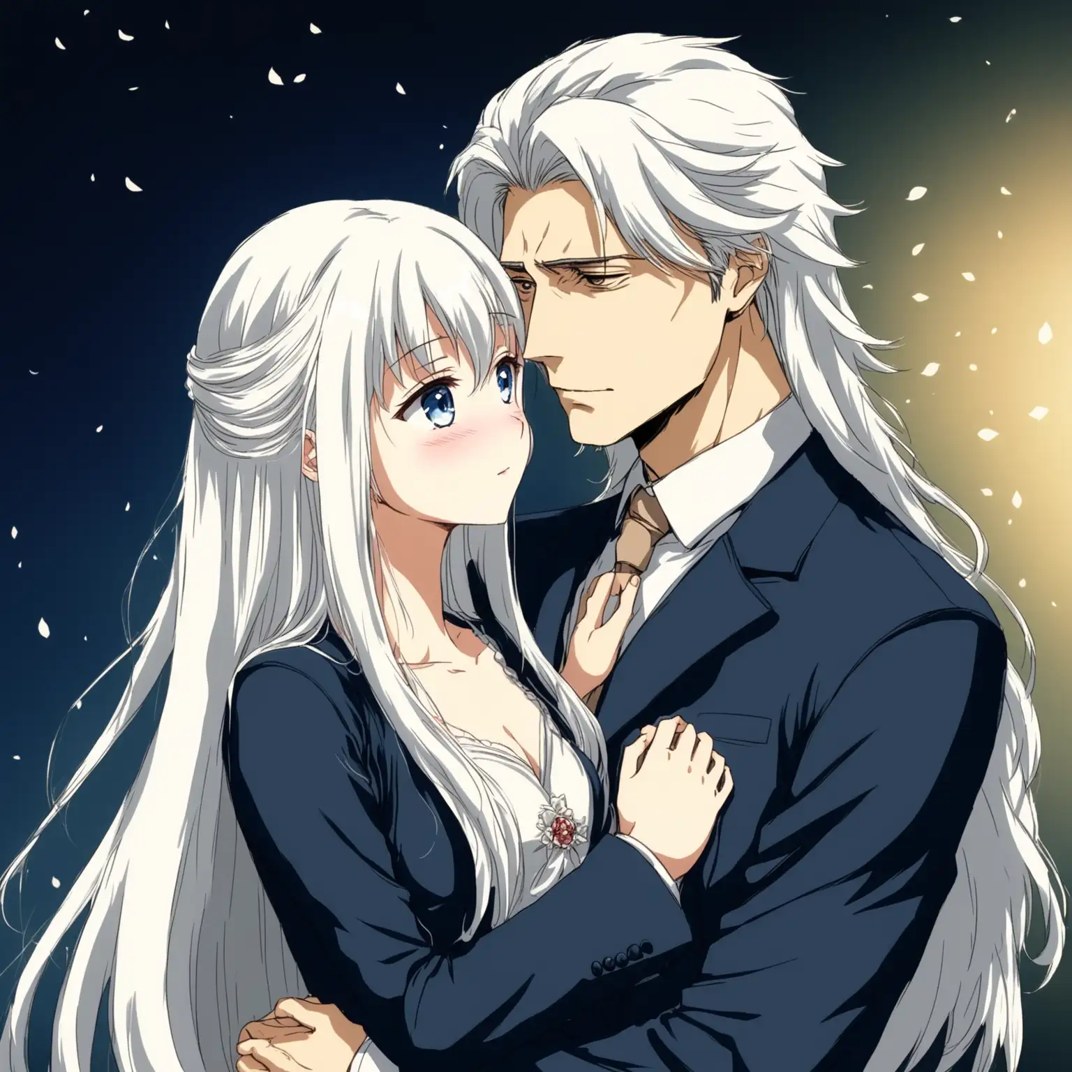 A young couple embracing passionately, the man tall and handsome, the woman petite and cute. The man has white hair, wearing a suit, the woman long-haired and dressed up luxuriously. The man's gaze is gentle and deep in emotion, while the woman's gaze holds a shy blush. Anime style