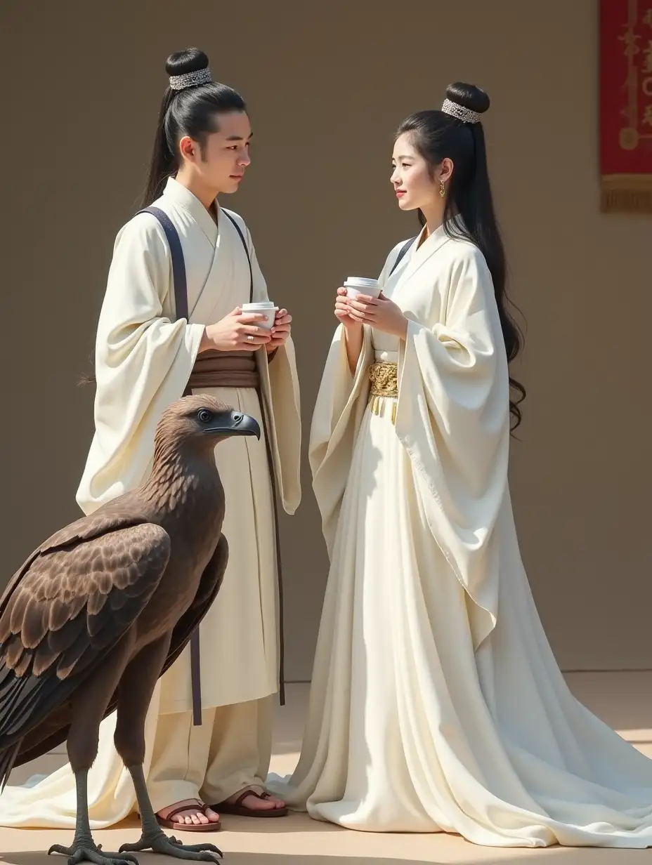 2 main characters Yang Guo (Youka) and Xiaolongnü who is in white dress of 'Legend of Condor Hero' holding a cup of coffee, a very big condor stand next to them