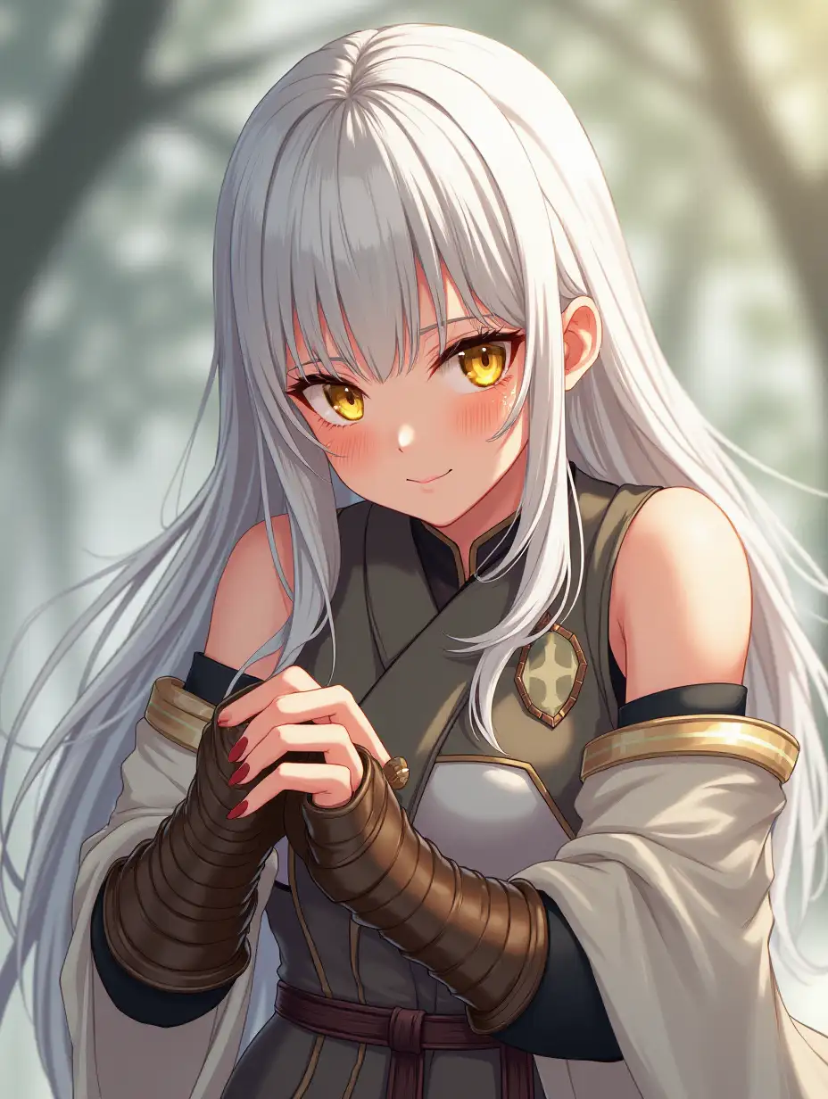 girl in her twenties, highly detailed, anime style, determined, sweat, white long hair, yellow eyes, facing the viewer, focused, soft affectionate smile, fantasy clothing, clothing of lightweight fighter, protectors, cloth wrapped around arms, fighting position with her hands before her